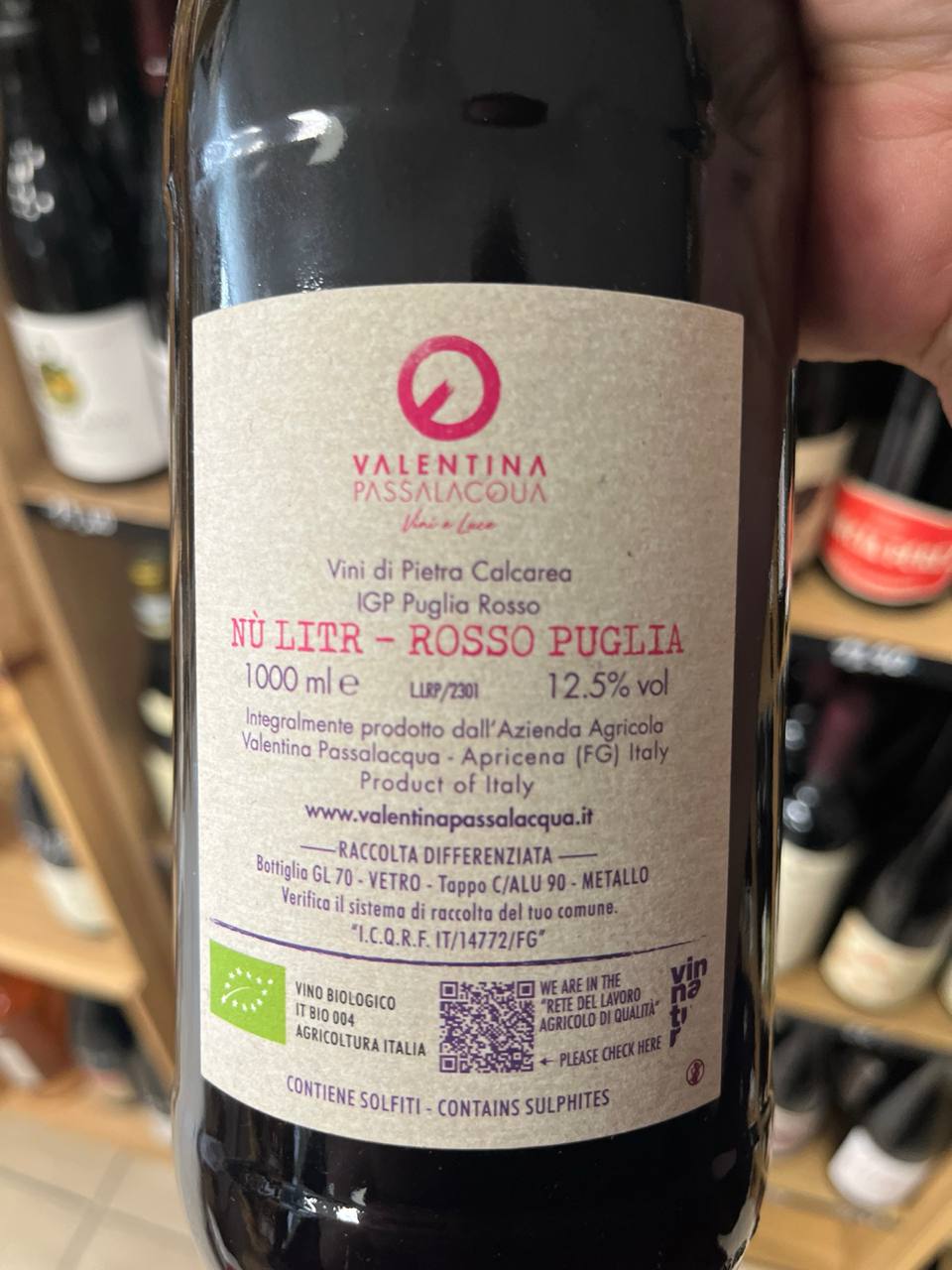 Vin rouge Nù Litr Rosso Puglia 2020 - Calcarius, contre-étiquette