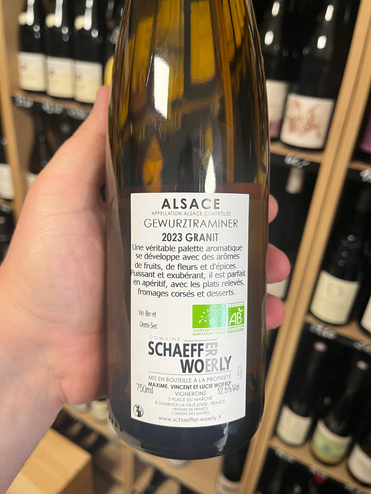 Bouteille de Gewurztraminer Granit 2023 – Domaine Schaeffer-Woerly, Alsace