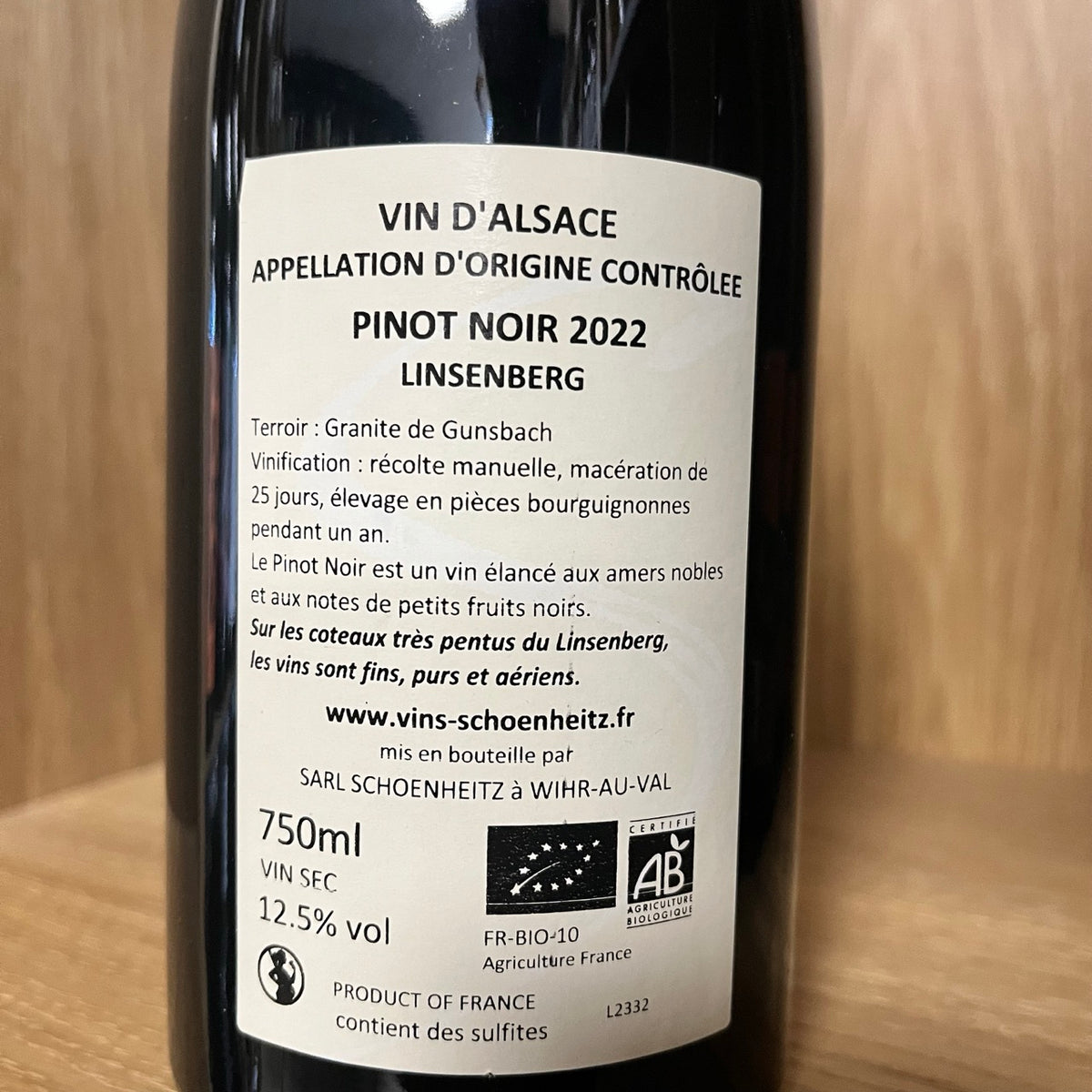 Bouteille Vin Alsace Pinot Noir Linsenberg 2022, AOC Alsace