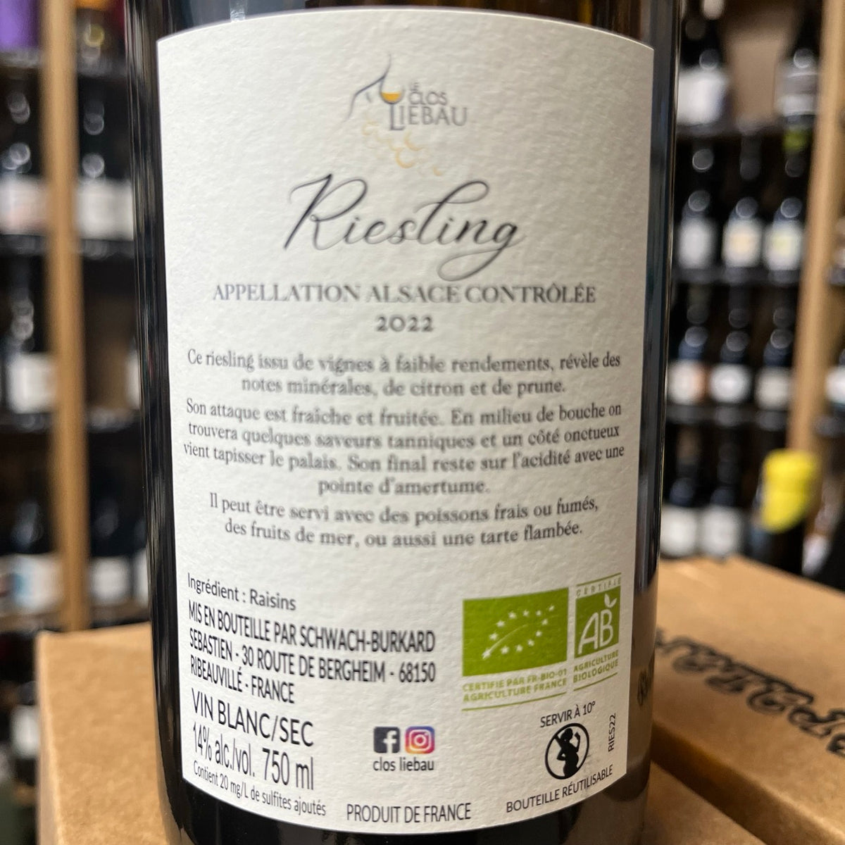 Bouteille Vin Alsace Riesling 2022, AOC Alsace